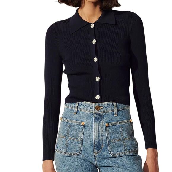 SANDRO Women's Cropped Cardigan With Contrast Buttons Size XS In Navy Blue - Picture 1 of 9